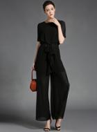 Oasap Short Sleeve Wide Leg Chiffon Jumpsuit With Belt