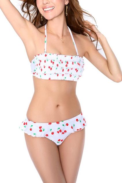Oasap Cherry Print Shirred Bikini