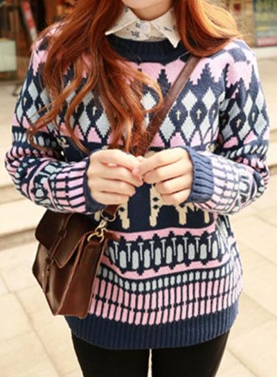 Oasap Christmas Long Sleeve Deerlet Printed Knit Sweater