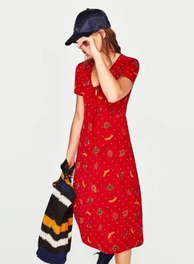 Oasap V Neck Lace-up Fruit Print Dress