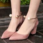 Oasap Solid Color Pointed Toe Pearls Decoration Square Heels
