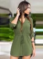 Oasap Solid 3/4 Sleeve V Neck Mini Chiffon Dress