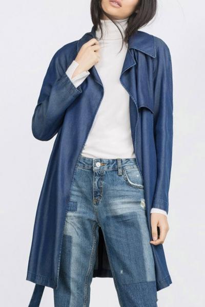 Oasap Fashion Lapel Long Sleeve Demin Trench-coat