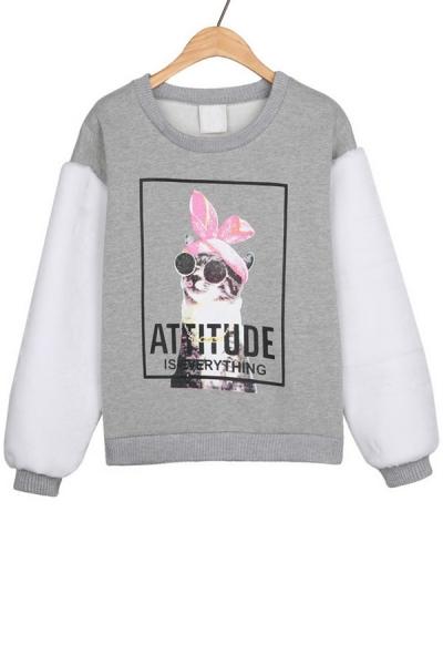 Oasap Color Block Cat Fleece Sweatshirt