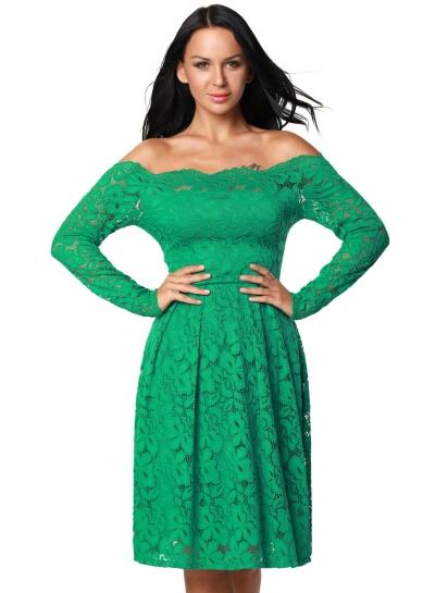 Oasap Long Sleeve Floral Lace Boat Neck Cocktail Swing Dress