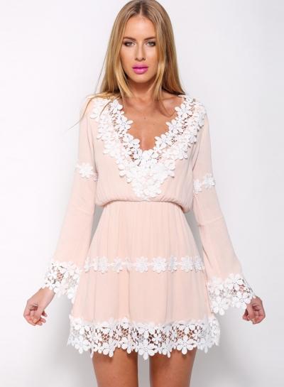 Oasap Cute V Neck Lace Panel Long Sleeve Chiffon Mini Dress