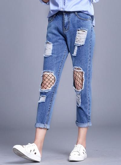Oasap Denim Hole In Fishing Nets Pants
