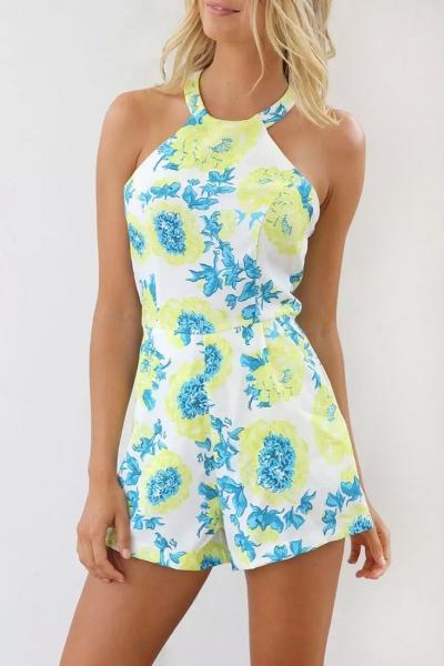 Oasap Halter Neckline Floral Print Blue Romper