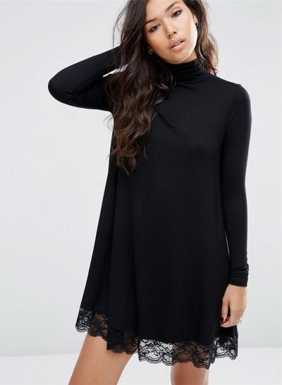 Oasap High Neck Long Sleeve Solid Color Lace Splicing Midi Dress