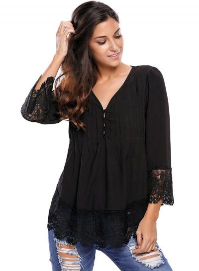 Oasap V Neck 3/4 Sleeve Lace Panel Blouse