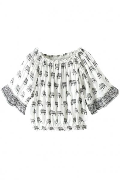 Oasap Elephants Print Off-shoulder Neckline Blouse