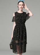 Oasap Black Colorful Print Midi Chiffon Dress
