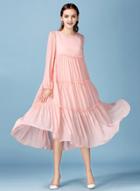 Oasap Solid Color Round Neck Long Sleeve Midi Dress Lace Bottom Dress Set