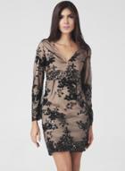 Oasap Lace V Neck Floral Sequin Sheer Bodycon Dress