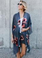 Oasap Long Sleeve Dark Gray Floral Coat