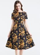 Oasap Round Neck Short Sleeve Floral Printed Dresses
