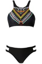 Oasap Women Geometric Print Side Cut-out Two Piece Swimsuit