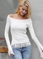 Oasap Off Shoulder Long Sleeve Sweater With Tassel