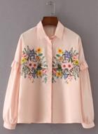 Oasap Vintage Turn-down Collar Long Sleeve Floral Embroidery Button Down Shirt