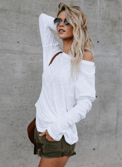 Oasap Solid Color Long Sleeve Round Neck Irregular Tee Shirt