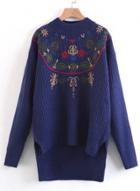 Oasap Round Neck Long Sleeve Embroidery Sweater