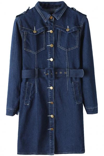 Oasap Blue Denim Belted Dress With Shoulder Tab
