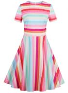 Oasap Short Sleeve Rainbow Stripe Fit Flare Dress