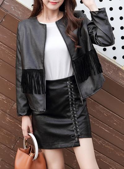 Oasap Fashion Pu Jacket With Tassel