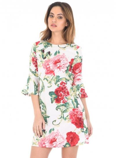 Oasap Round Neck Flounce Sleeve Floral Print Mini Dress