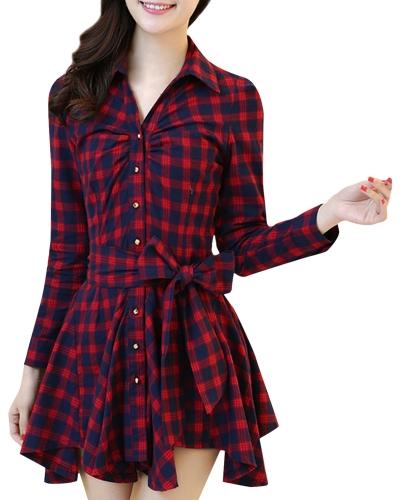 Oasap Women's Plaid Print Button Front Tie Waist Dress