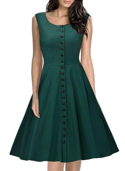 Oasap Women's Classic Button Front Round Neck Swing Dress