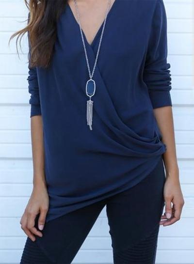 Oasap Fashion Solid Wrap V Neck Irregular Tee