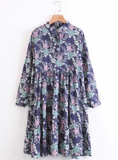 Oasap Ruffled Collar Long Sleeve Floral Printed Midi Dress