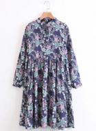 Oasap Ruffled Collar Long Sleeve Floral Printed Midi Dress