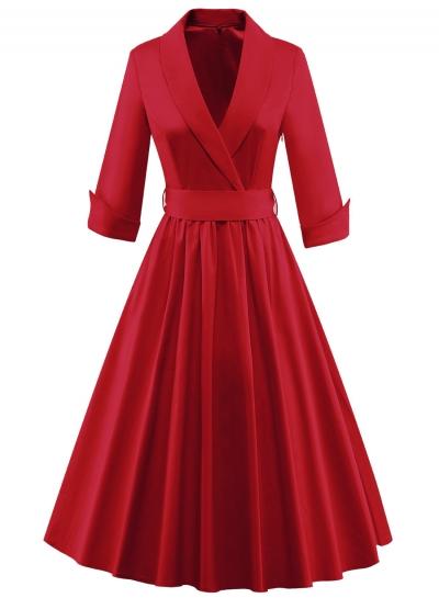 Oasap Solid Vintage V Neck 3/4 Sleeve A-line Swing Dress