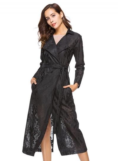 Oasap Turn-down Collar Long Sleeve Lace Trench Coat With Belt
