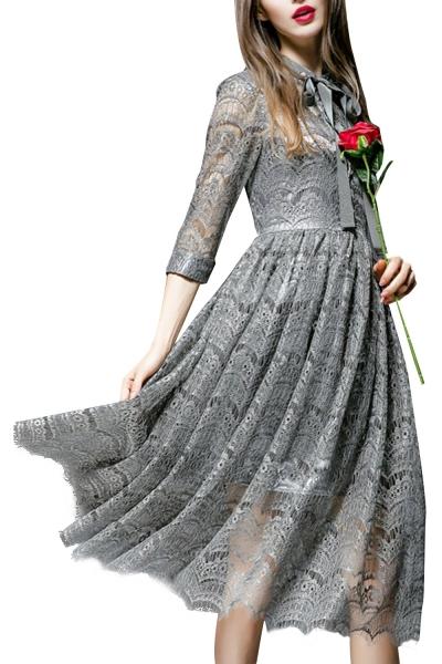 Oasap Women's Solid Three Quarter Sleeve Lace A-line Dress