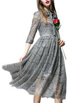 Oasap Women's Solid Three Quarter Sleeve Lace A-line Dress