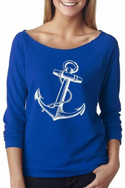 Oasap Sweet Anchor Print Round Neck Long Sleeve Tee