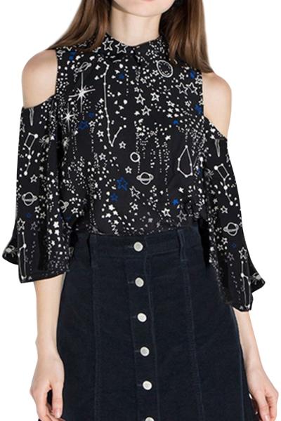 Oasap Women's Galaxy Print Collared Open Shoulder Flounce Sleeve Shirt