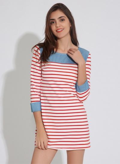 Oasap Fashion 3/4 Sleeve Striped Mini Pullover Dress