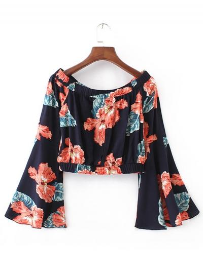 Oasap Slash Neck Floral Printed Crop Top Blouses