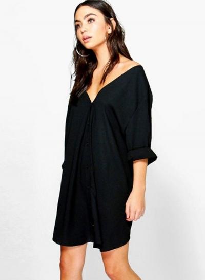 Oasap Fashion Deep V Neck Long Sleeve Backless Loose Dress
