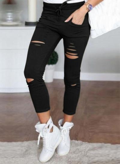 Oasap Fashion Solid Drawstring Waist Ripped Ninth Pencil Pants