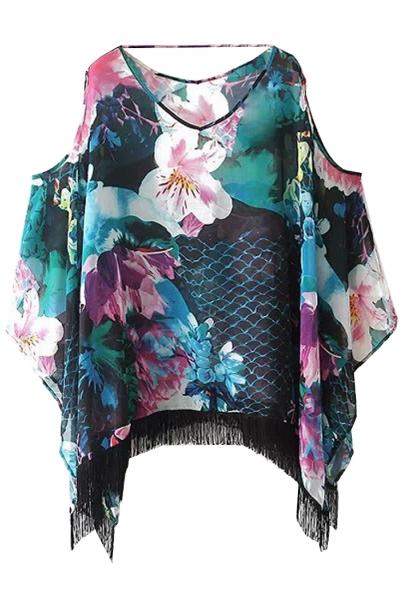 Oasap Boho Floral Fringed Irregular-hem Top