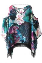 Oasap Boho Floral Fringed Irregular-hem Top