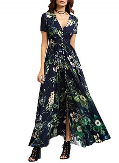Oasap Boho V Neck High Waist Front Slit Floral Maxi Dress