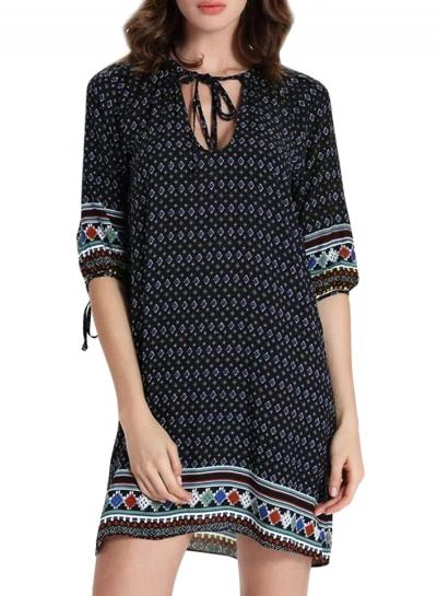 Oasap Women's National Wind Print Lace Up Loose Fit Dress
