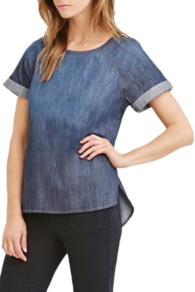 Oasap Women's Casual Solid Short Sleeve Side Slit Denim Tee