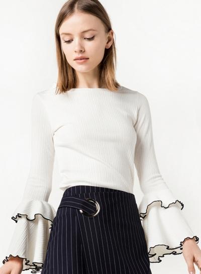 Oasap Round Neck Flare Sleeve Solid Color Pullover Tee Shirt